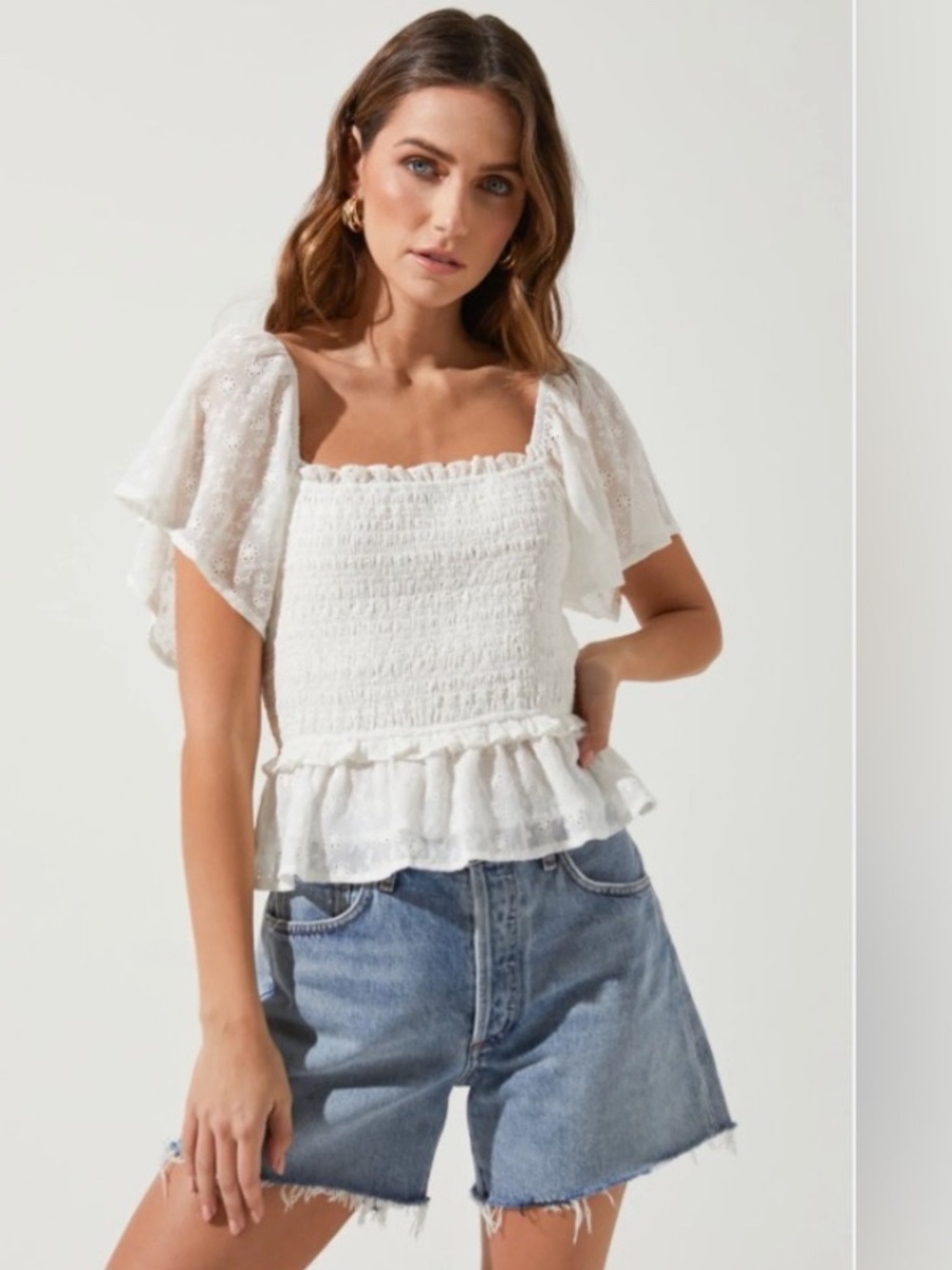 ASTR The Label January Smocked Sheer Flutter Sleeve Ruffle Hem Off White Top L